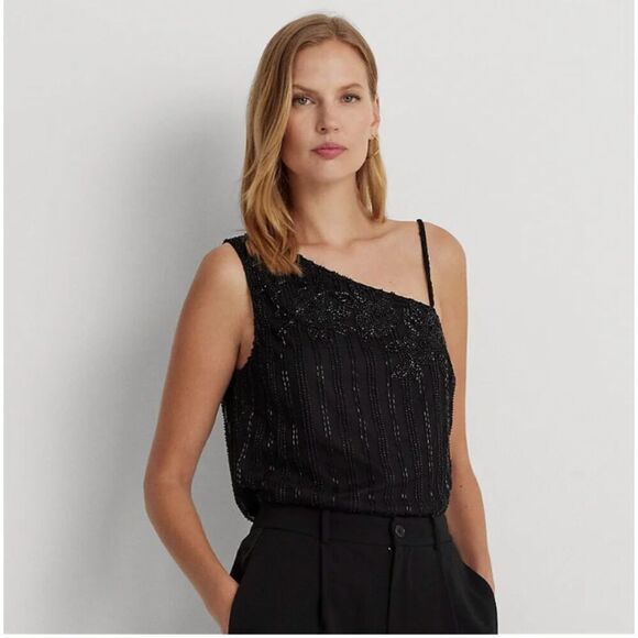 Lauren Ralph Lauren Tops - Lauren Ralph Lauren Black Label Beaded Mesh One Shoulder Camisole, L